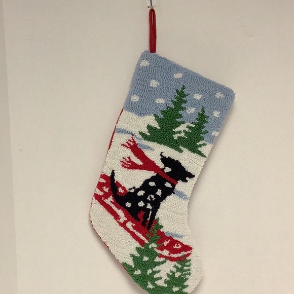Needlepoint Christmas Stocking Black Dog on Sled Snow trees Red Back and inside - Picture 1 of 4
